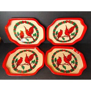 Vintage Set of 4 Tis the Season Christmas Canope Appetizer Trays, Cardinal Bird